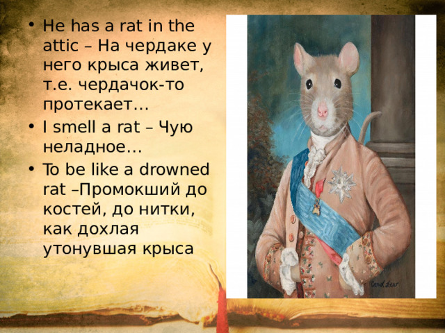 He has a rat in the attic – На чердаке у него крыса живет, т.е. чердачок-то протекает… I smell a rat – Чую неладное… To be like a drowned rat –Промокший до костей, до нитки, как дохлая утонувшая крыса 