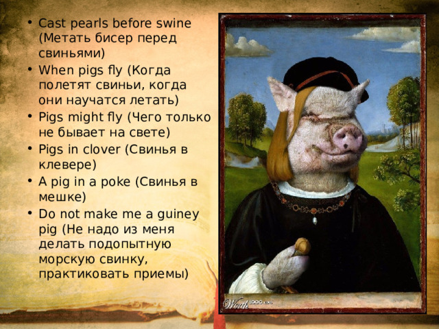 Cast pearls before swine (Метать бисер перед свиньями) When pigs fly (Когда полетят свиньи, когда они научатся летать) Pigs might fly (Чего только не бывает на свете) Pigs in clover (Свинья в клевере) A pig in a poke (Свинья в мешке) Do not make me a guiney pig (Не надо из меня делать подопытную морскую свинку, практиковать приемы)