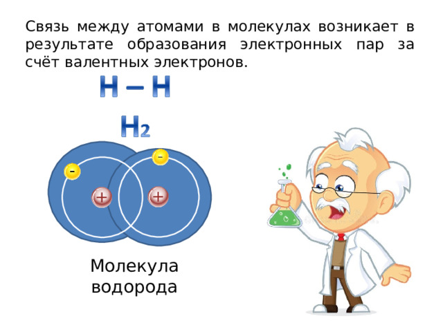 Связь между атомами в молекулах возникает в результате образования электронных пар за счёт валентных электронов. Молекула водорода