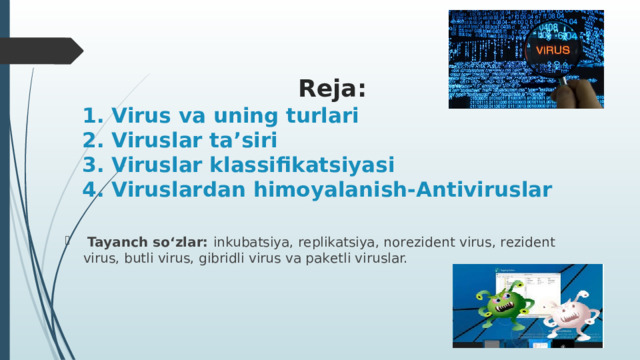 Reja:  1. Virus va uning turlari  2. Viruslar ta’siri  3. Viruslar klassifikatsiyasi  4. Viruslardan himoyalanish-Antiviruslar