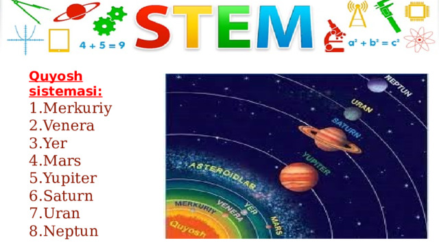 Quyosh sistemasi:  1.Merkuriy  2.Venera  3.Yer  4.Mars  5.Yupiter  6.Saturn  7.Uran  8.Neptun