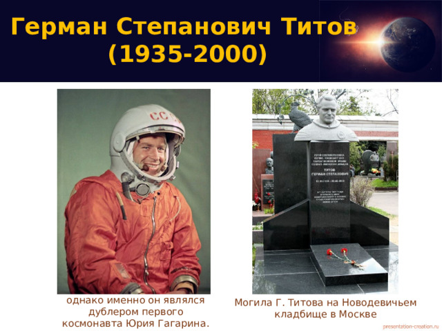 Герман Степанович Титов  (1935-2000) Могила Г. Титова на Новодевичьем кладбище в Москве Ему было всего 25 лет, однако именно он являлся дублером первого космонавта Юрия Гагарина.
