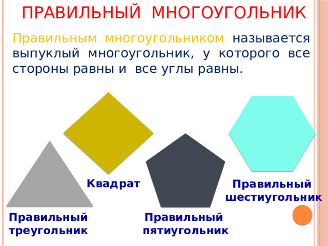 Правильный многоугольник Правильным многоугольником называется выпуклый многоугольник, у которого все стороны равны и все углы равны. Квадрат Правильный шестиугольник Правильный Правильный треугольник пятиугольник