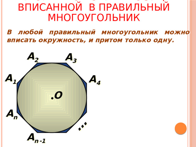Теорема об окружности, вписанной в правильный многоугольник … В любой правильный многоугольник можно вписать окружность, и притом только одну. А 2 А 3 А 1 А 4 О А n А n  -1