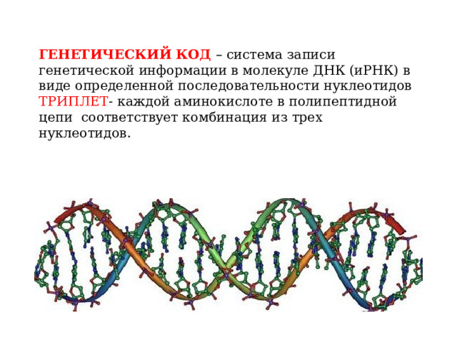 ПОСТРАНСЛЯЦИОННАЯ МОДИФИКАЦИЯ  ГЕНЕТИЧЕСКИЙ КОД – система записи генетической информации в молекуле ДНК (иРНК) в виде определенной последовательности нуклеотидов  ТРИПЛЕТ - каждой аминокислоте в полипептидной цепи соответствует комбинация из трех нуклеотидов.    ПОСТРАНСЛЯЦИОННАЯ МОДИФИКАЦИЯ