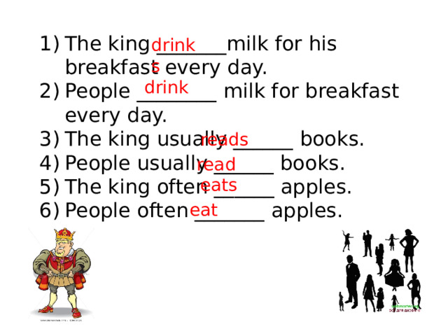 The king _______milk for his breakfast every day. People ________ milk for breakfast every day. The king usually ______ books. People usually ______ books. The king often ______ apples. People often _______ apples.