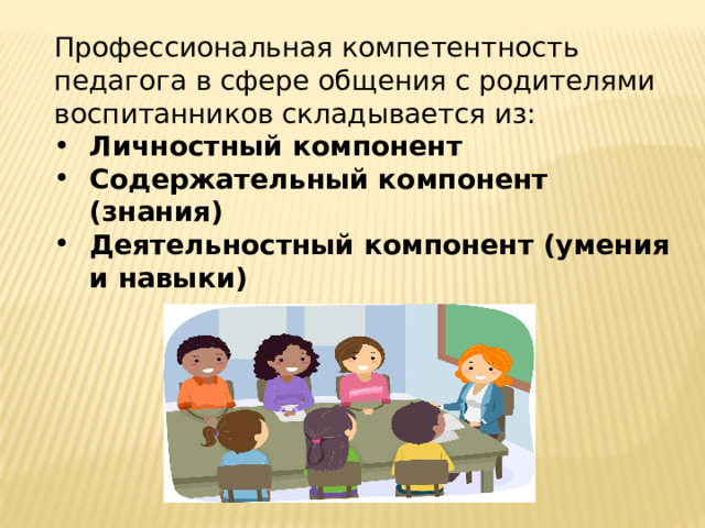 Профессиональная компетентность педагога в сфере общения с родителями воспитанников складывается из: