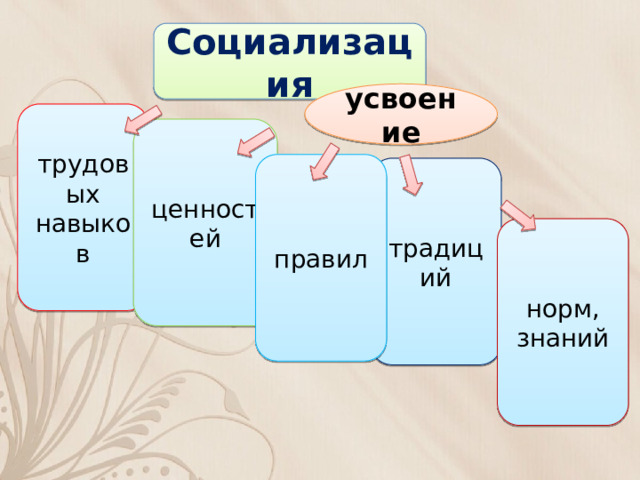 Социализация усвоение трудовых навыков ценностей правил традиций норм, знаний