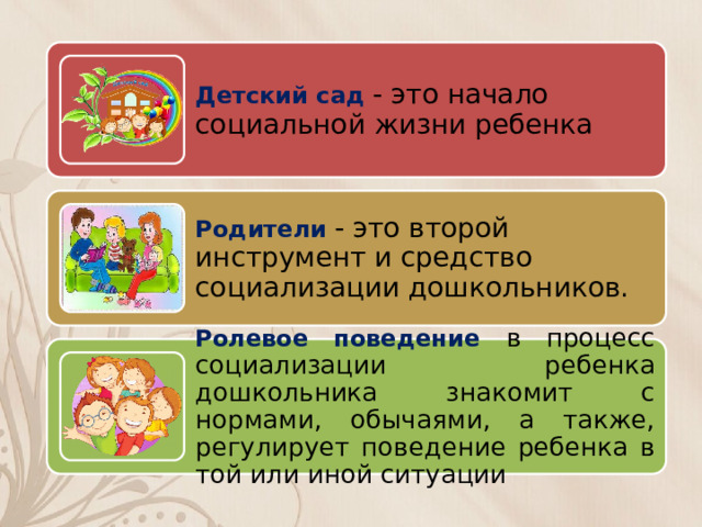 Детский сад   - это начало социальной жизни ребенка Родители  - это второй инструмент и средство социализации дошкольников. Ролевое поведение в процесс социализации ребенка дошкольника знакомит с нормами, обычаями, а также, регулирует поведение ребенка в той или иной ситуации