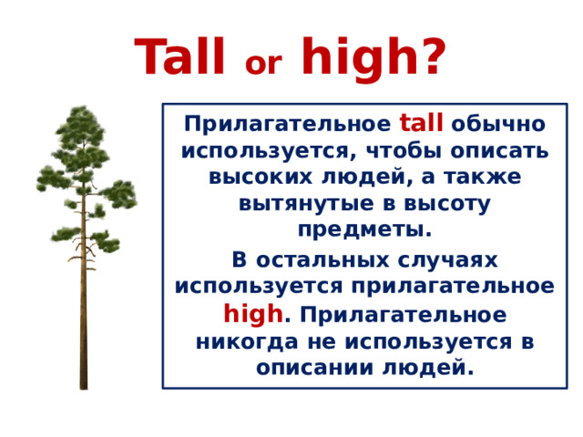 Tall or high? Прилагательное tall  обычно используется, чтобы описать высоких людей, а также вытянутые в высоту предметы. В остальных случаях используется прилагательное high . Прилагательное никогда не используется в описании людей.