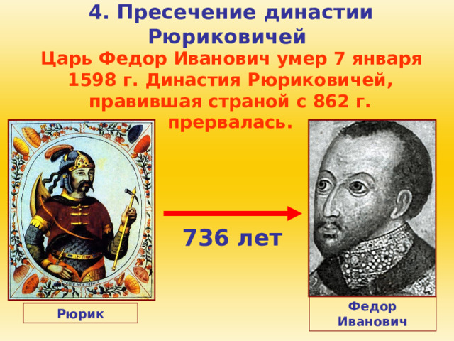 4. Пресечение династии Рюриковичей  Царь Федор Иванович умер 7 января 1598 г. Династия Рюриковичей, правившая страной с 862 г. прервалась. 736 лет Федор Иванович Рюрик