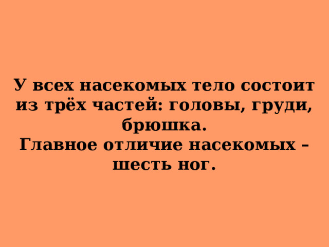 У всех насекомых тело состоит из трёх частей: головы, груди, брюшка.  Главное отличие насекомых – шесть ног.