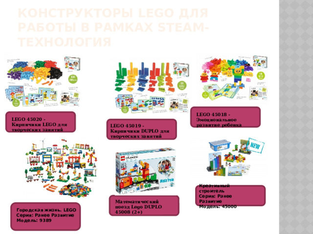 Конструкторы LEGO для работы в рамках STEAM-  технология LEGO 45018 - Эмоциональное развитие ребенка LEGO 45020 - Кирпичики LEGO для творческих занятий LEGO 45019 - Кирпичики DUPLO для творческих занятий Креативный строитель  Серия: Ранее Развитие  Модель: 45000 Математический поезд Lego DUPLO 45008 (2+) Городская жизнь. LEGO  Серия: Ранее Развитие  Модель: 9389