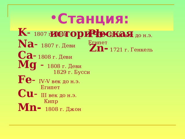 Станция:  историческая   Pb-  II- III век до н.э. Египет K -  1807 г. Деви Na -  1807 г. Деви Ca -  1808 г. Деви Mg -  1808 г. Деви   1829 г. Бусси Fe - IV-V век до н.э.  Египет Cu - III век до н.э.  Кипр Mn-  1808 г. Джон    K -  1807 г. Деви Na -  1807 г. Деви Ca -  1808 г. Деви Mg -  1808 г. Деви   1829 г. Бусси  Fe - IV-V век до н.э.  Египет Cu - III век до н.э.  Кипр Mn-  1808 г. Джон