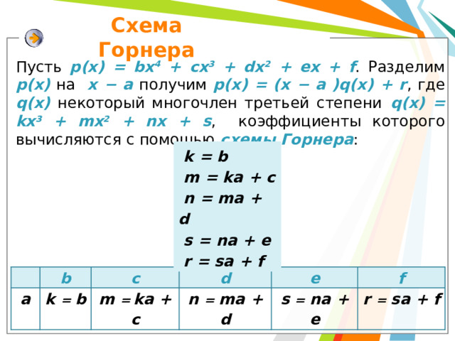 Схема Горнера Пусть р(x) = bx 4 + cx 3 + dx 2 + ex + f . Разделим р(х) на x − а  получим р(x) = (х − а )q(x) + r , где q(x)  некоторый многочлен третьей степени  q(x) = kx 3 + mx 2 + nx + s , коэффициенты которого вычисляются с помощью схемы Горнера :  k = b  m = ka + c  n = ma + d  s = na + e  r = sa + f a b k = b c d m =  ka + c n = ma + d e s = na + e f r = sa + f