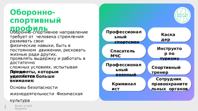 Оборонн о - спортивный профиль Проф е с сиональн ы й спортсмен Оборонно-спортивное  направление  требует  от  человека стремления развивать  свои физические навыки, быть в постоянном  движении,  рисковать  жизнью  ради  других, проявлять  выдержку  и  работать  в  достаточно сложных  условиях,  испытывая разные неудобства. Каскадер Инструктор  по туризму Спасатель  МЧС Про ф е с си о н а льный военный Спортивный  тренер Предметы,  которым  уделяется  больше  внимания: Основы безопасности жизнедеятельности  Физическая  культура Сотрудник правоохранительных  органов Криминалист  Билет  в  твоё  будущее