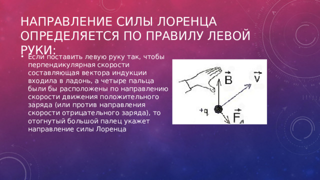 Направление силы Лоренца определяется по правилу левой руки: