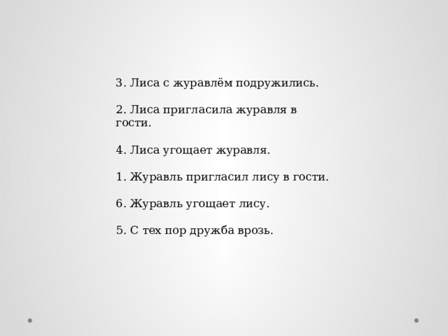 3. Лиса с журавлём подружились. 2. Лиса пригласила журавля в гости. 4. Лиса угощает журавля. 1. Журавль пригласил лису в гости. 6. Журавль угощает лису. 5. С тех пор дружба врозь.