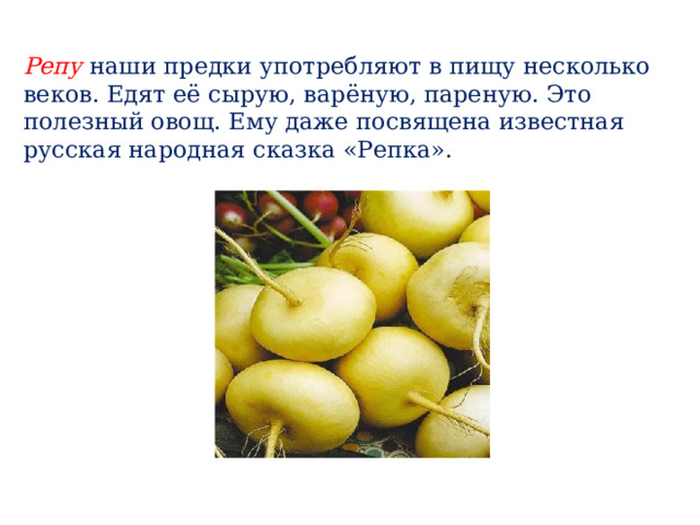 Репу  наши предки употребляют в пищу несколько веков. Едят её сырую, варёную, пареную. Это полезный овощ. Ему даже посвящена известная русская народная сказка «Репка».