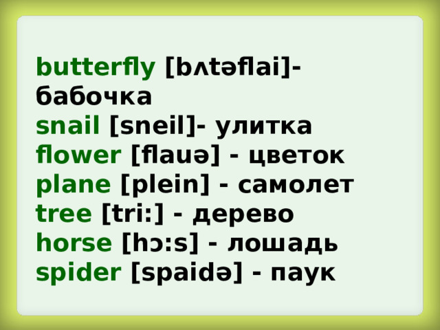 butterfly  [b ᴧ təflai]- бабочка sn a il  [sneil] - улитка flower  [flauə] - цветок pl a ne  [plein] - самолет tree  [tri:] - дерево horse  [hᴐ:s] - лошадь spider  [spaidə] - паук