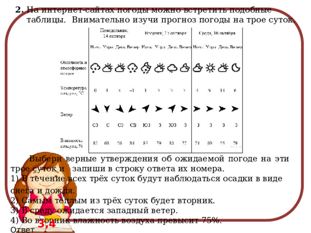 2. На интернет-сайтах погоды можно встретить подобные таблицы. Внимательно изучи прогноз погоды на трое суток.  Выбери верные утверждения об ожидаемой погоде на эти трое суток и запиши в строку ответа их номера. 1) В течение всех трёх суток будут наблюдаться осадки в виде снега и дождя.  2) Самым тёплым из трёх суток будет вторник. 3) В среду ожидается западный ветер. 4) Во вторник влажность воздуха превысит 75%. Ответ _______________________ 3,4