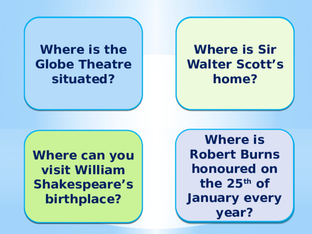 In London In Edinburgh Where is the Globe Theatre situated? Where is Sir Walter Scott’s home? Where is Robert Burns honoured on the 25 th of January every year? In Stratford-on-Avon Where can you visit William Shakespeare’s birthplace? In Scotland