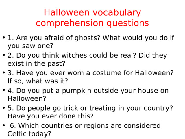 Halloween vocabulary comprehension questions
