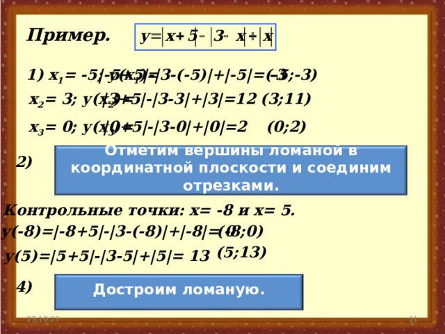 Пример. х 1 = -5; у(х 1 )= |-5+5|-|3-(-5)|+|-5|= -3 (-5;-3) |3+5|-|3-3|+|3|=12 (3;11) х 2 = 3; у(х 2 )= |0+5|-|3-0|+|0|=2 (0;2) х 3 = 0; у(х 3 )=  Отметим вершины ломаной в координатной плоскости и соединим отрезками.  2) 3) Контрольные точки: х= -8 и х= 5. (-8;0) у(-8)=|-8+5|-|3-(-8)|+|-8|= 0 (5;13) у(5)=|5+5|-|3-5|+|5|= 13 4)  Достроим ломаную.  10 23.10.23