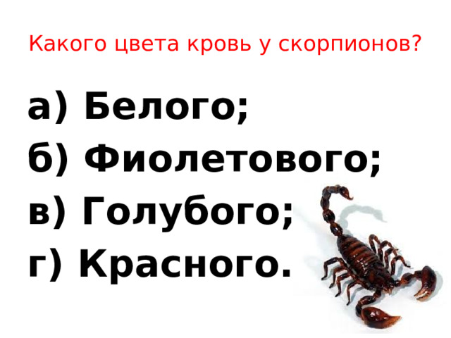 Какого цвета кровь у скорпионов? а) Белого; б) Фиолетового; в) Голубого; г) Красного.