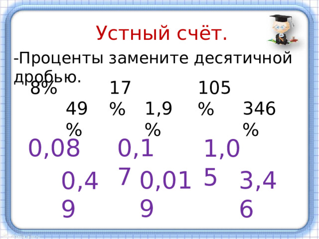 Устный счёт. -Проценты замените десятичной дробью. 8% 105% 17% 49% 1,9% 346% 0,08 0,17 1,05 0,019 3,46 0,49