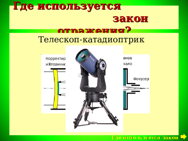 Где используется закон отражения? Телескоп-катадиоптрик  Где используется закон отражения?