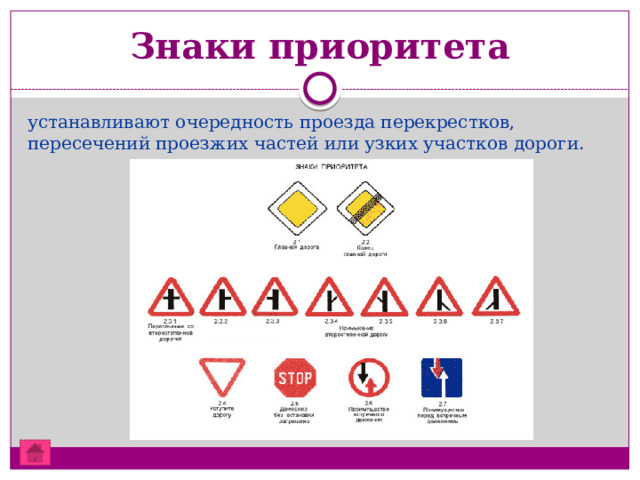 Знаки приоритета устанавливают очередность проезда перекрестков, пересечений проезжих частей или узких участков дороги.