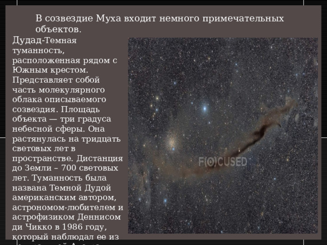 В созвездие Муха входит немного примечательных объектов . Дудад- Темная туманность, расположенная рядом с Южным крестом. Представляет собой часть молекулярного облака описываемого созвездия. Площадь объекта — три градуса небесной сферы. Она растянулась на тридцать световых лет в пространстве. Дистанция до Земли – 700 световых лет. Туманность была названа Темной Дудой американским автором, астрономом-любителем и астрофизиком Деннисом ди Чикко в 1986 году, который наблюдал ее из центральной Австралии.