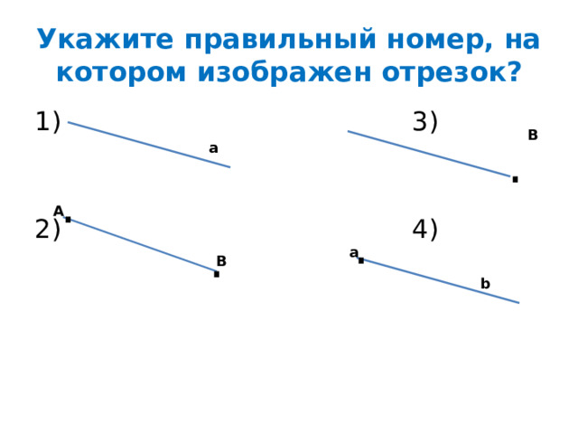 Укажите правильный номер, на котором изображен отрезок? 1) 3) 2) 4) В . а . А . . а В b