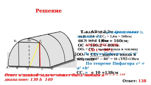 Решение    Т. к. AD = 3,2м (результат задания 3),  то R = = 1,6м = 160см;  ОС = 160:2 = 80см  CD ( = 90⁰), OO₁ = CC₁ - высота входа в теплицу  По теореме Пифагора c 2 = a 2 +b 2 СС 1 = = 10 ≈138см O₁ B₁ А B O D C Ответ в данной задаче может быть любым в диапазоне: 130 h 140   Ответ: 138