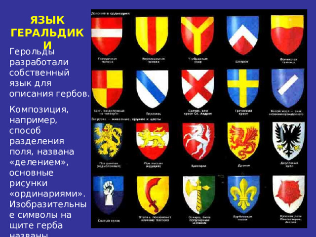 ЯЗЫК ГЕРАЛЬДИКИ Герольды разработали собственный язык для описания гербов. Композиция, например, способ разделения поля, названа «делением», основные рисунки «ординариями». Изобразительные символы на щите герба названы «загрузкой».