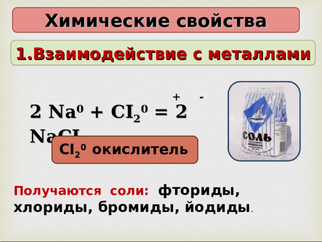 Химические свойства 1.Взаимодействие с металлами  + - 2 Na 0 + CI 2 0 = 2 NaCI CI 2 0  окислитель  Получаются соли: фториды, хлориды, бромиды, йодиды .