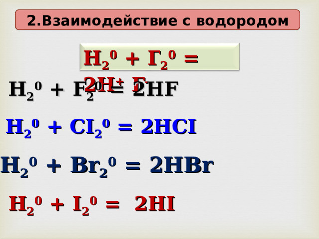 2 . Взаимодействие с  водородом Н 2 0 + Г 2 0 = 2Н + Г - Н 2 0 + F 2 0 = 2Н F  Н 2 0 + CI 2 0 = 2Н CI  Н 2 0 + Br 2 0 = 2Н Br Н 2 0 + I 2 0 = 2Н I