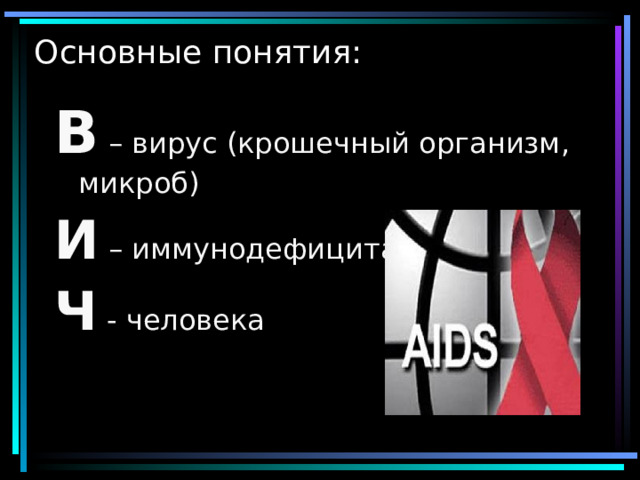 Основные понятия: В – вирус (крошечный организм, микроб) И – иммунодефицита Ч - человека