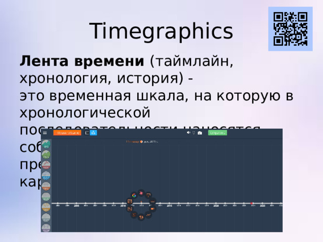 Timegraphics Лента времени (таймлайн, хронология, история) - это временная шкала, на которую в хронологической последовательности наносятся события. События можно представлять в виде текста, картинки, звука или видео.