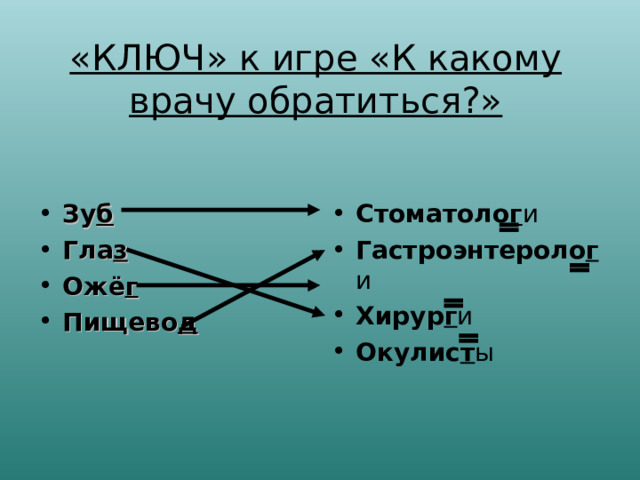 «КЛЮЧ» к игре «К какому врачу обратиться?»