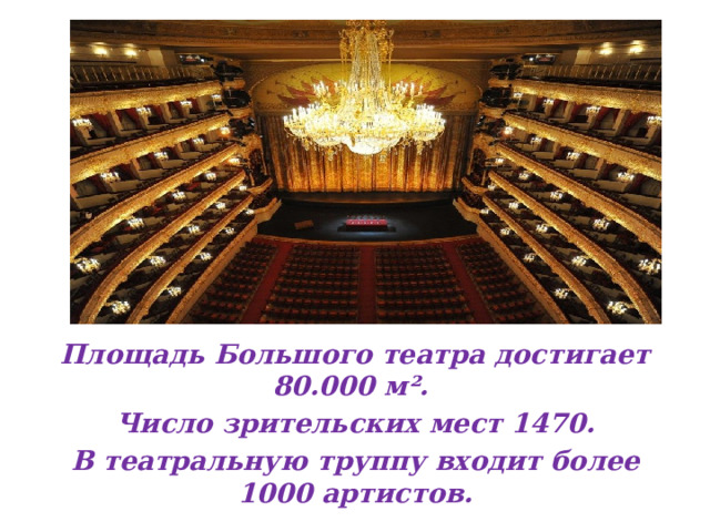 Площадь Большого театра достигает 80.000 м². Число зрительских мест 1470. В театральную труппу входит более 1000 артистов.