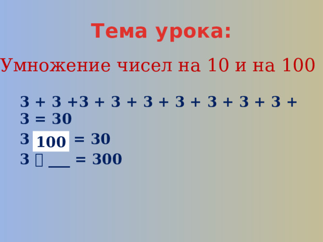 Тема урока: Умножение чисел на 10 и на 100 3 + 3 +3 + 3 + 3 + 3 + 3 + 3 + 3 + 3 = 30 3  10 = 30 3  ___ = 300 100