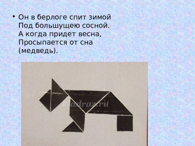 Он в берлоге спит зимой  Под большущею сосной.  А когда придет весна,  Просыпается от сна (медведь).