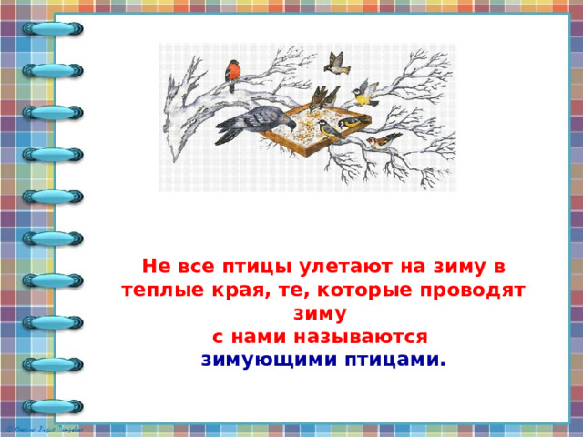 Не все птицы улетают на зиму в теплые края, те, которые проводят зиму с нами называются зимующими птицами.