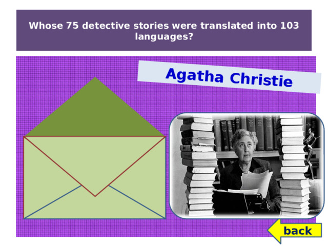 Agatha Christie Whose 75 detective stories were translated into 103 languages? back