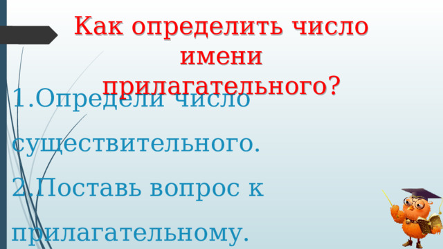 Как определить число имени прилагательного? 1.Определи число существительного.  2.Поставь вопрос к прилагательному.  3.Определи число прилагательного.