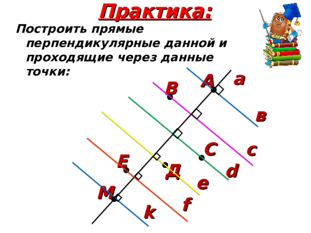 Практика: Построить прямые перпендикулярные данной и проходящие через данные точки: а А В в С с Е d Д e М f k