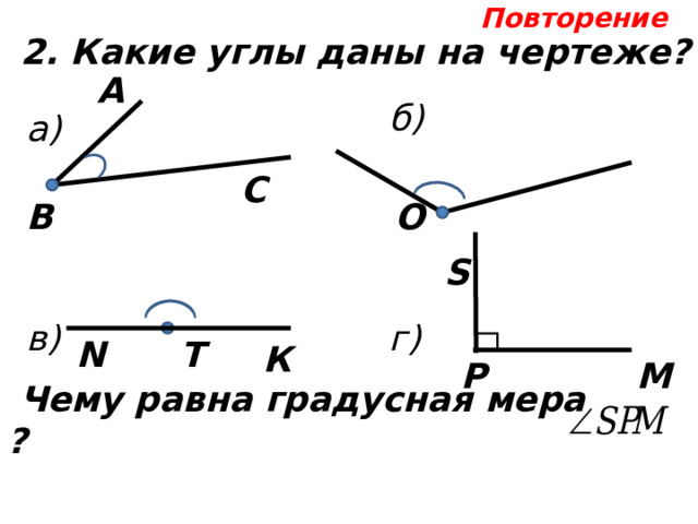 Повторение 2. Какие углы даны на чертеже? А б) а) С О В S в) г) N T К Р М  Чему равна градусная мера ?