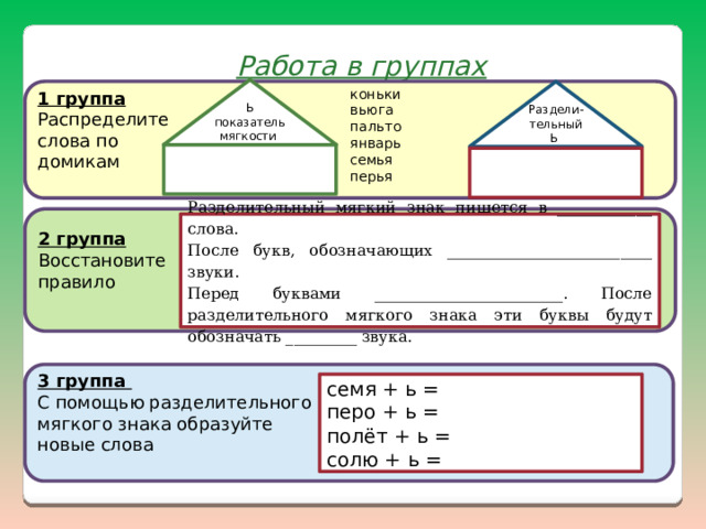 Работа в группах Ь показатель мягкости коньки вьюга 1 группа пальто январь Распределите слова по семья перья домикам Раздели-тельный Ь 2 группа Восстановите правило Разделительный мягкий знак пишется в ____________ слова. После букв, обозначающих __________________________ звуки. Перед буквами ________________________. После разделительного мягкого знака эти буквы будут обозначать _________ звука.   3 группа С помощью разделительного мягкого знака образуйте новые слова семя + ь = перо + ь = полёт + ь = солю + ь =